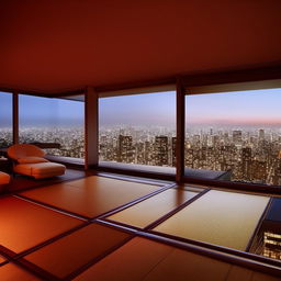 A luxurious Japanese penthouse with 1984 style decor, high above a bustling city skyline seen through large glass windows