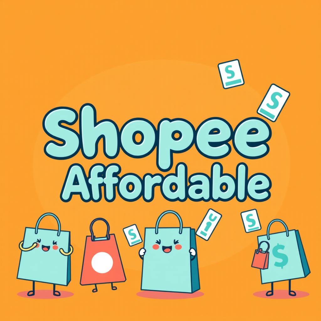 A cute animation design featuring the words "Shopee Affordable" prominently displayed in playful, bold font against a vibrant orange background