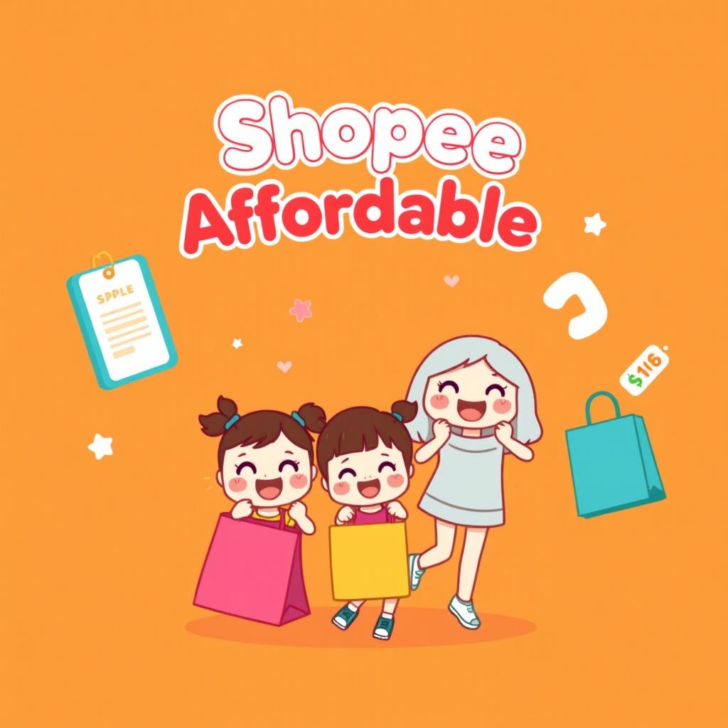 A cute, vibrant animation design featuring the theme of "Shopee Affordable"