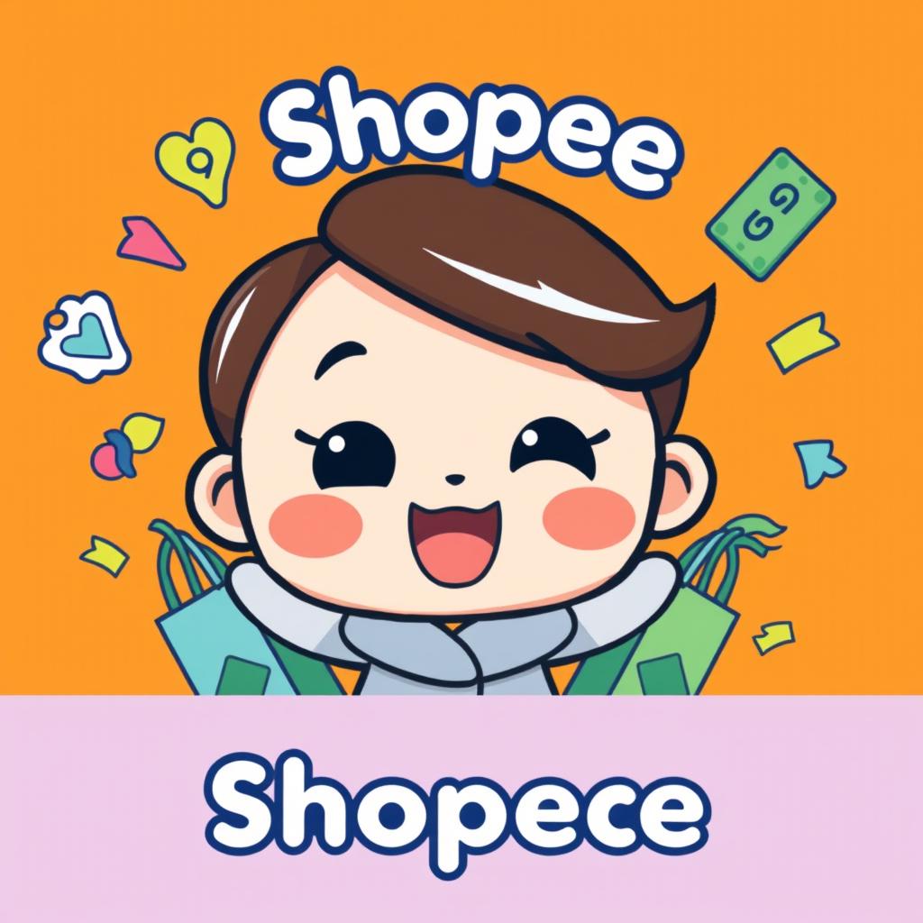 A cute animation design featuring a chibi character with an expression of happiness and excitement, showcasing Shopee’s affordability
