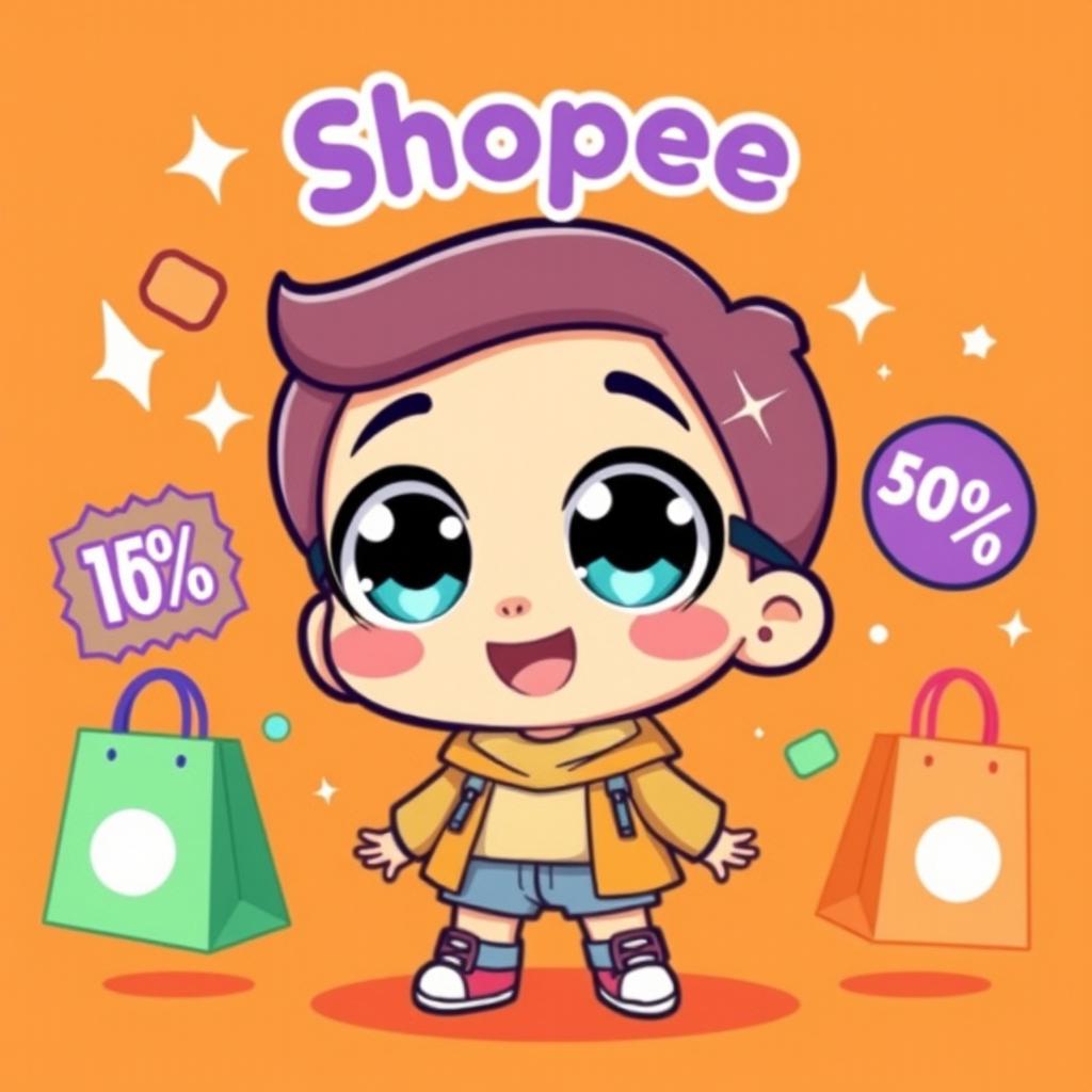 A cute and playful animated chibi character representing the concept of "Shopee Affordable," set against a vibrant orange background