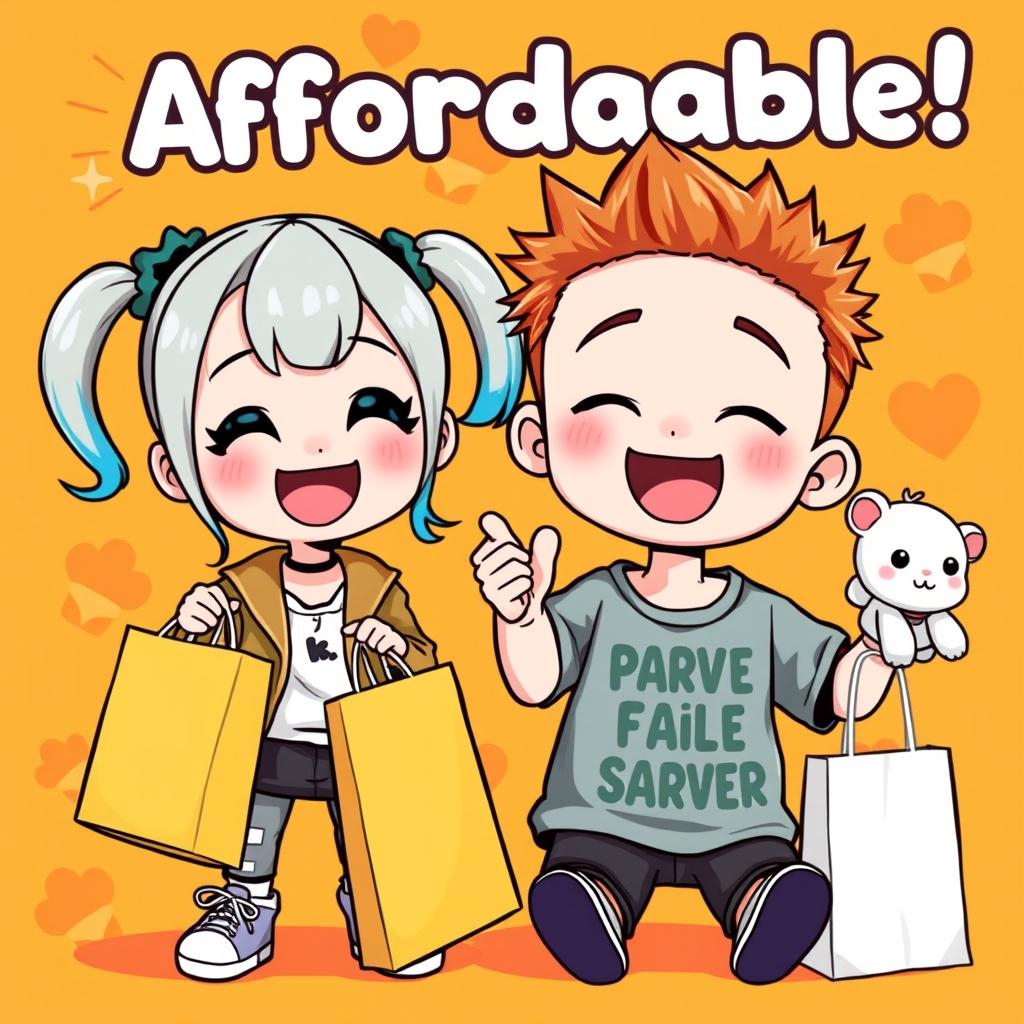 A cute and playful chibi girl and boy, both smiling joyfully, set against a vibrant orange background that features playful, cartoon-style elements