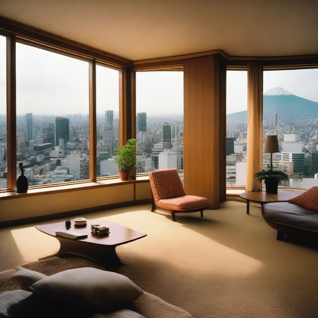 A stylish Japanese penthouse from the 1984 era featuring vintage decor and overlooking a vibrant cityscape