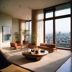 A stylish Japanese penthouse from the 1984 era featuring vintage decor and overlooking a vibrant cityscape