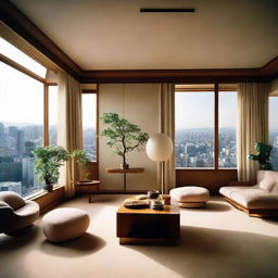 A stylish Japanese penthouse from the 1984 era featuring vintage decor and overlooking a vibrant cityscape