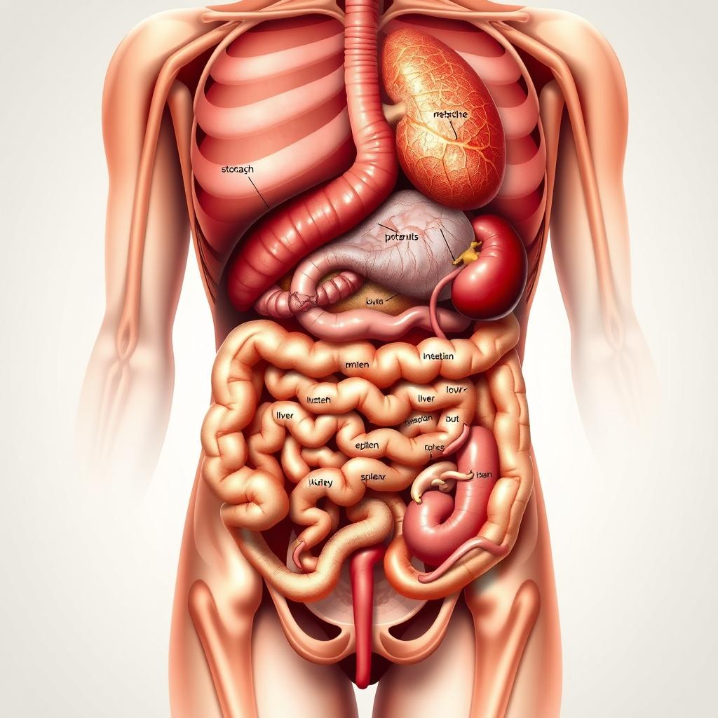 A highly detailed anatomical illustration of the human abdomen, showcasing the complex organs and structures within