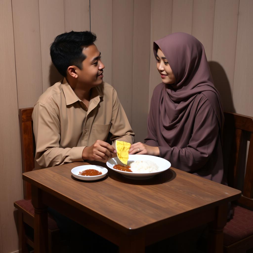 A young Indonesian Muslim couple sits together at a small wooden dining table in a modest home, creating a warm and intimate setting
