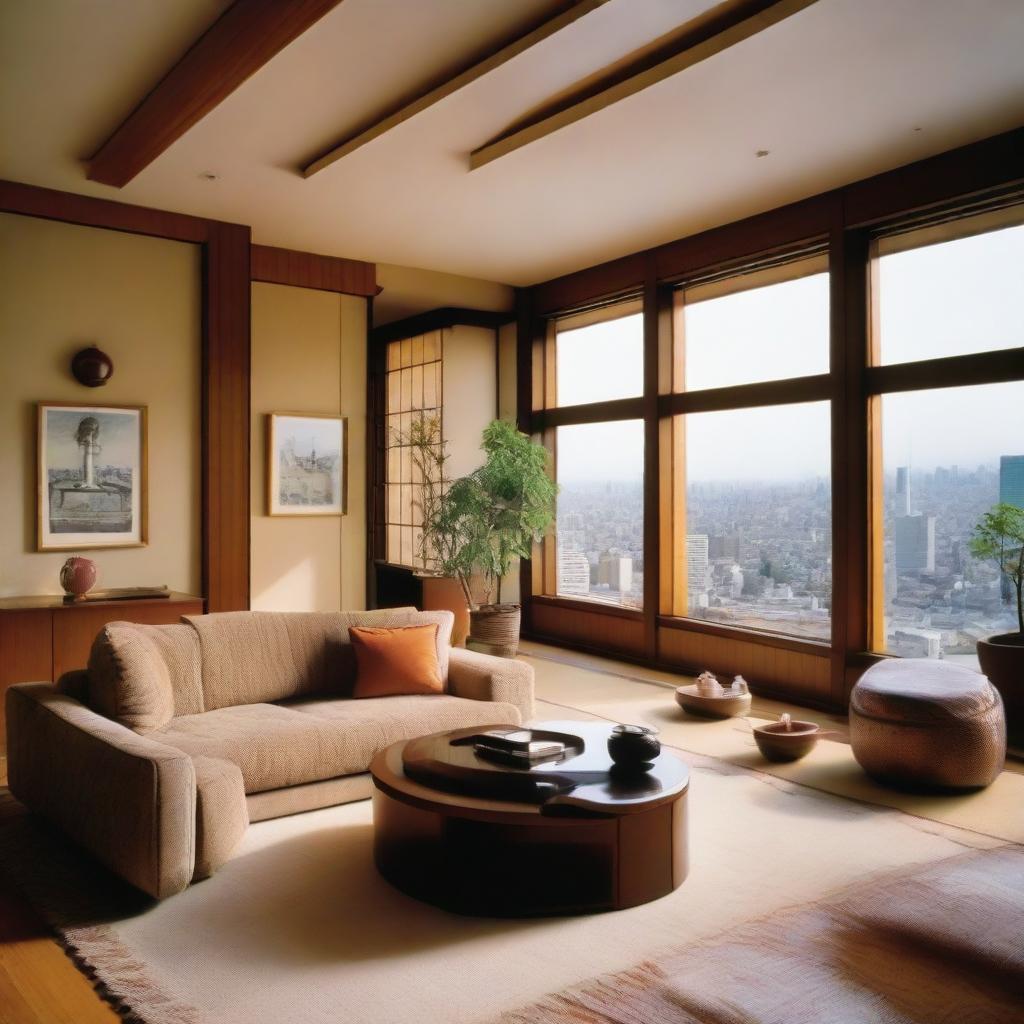 A stylish Japanese penthouse from the 1984 era featuring vintage decor and overlooking a vibrant cityscape