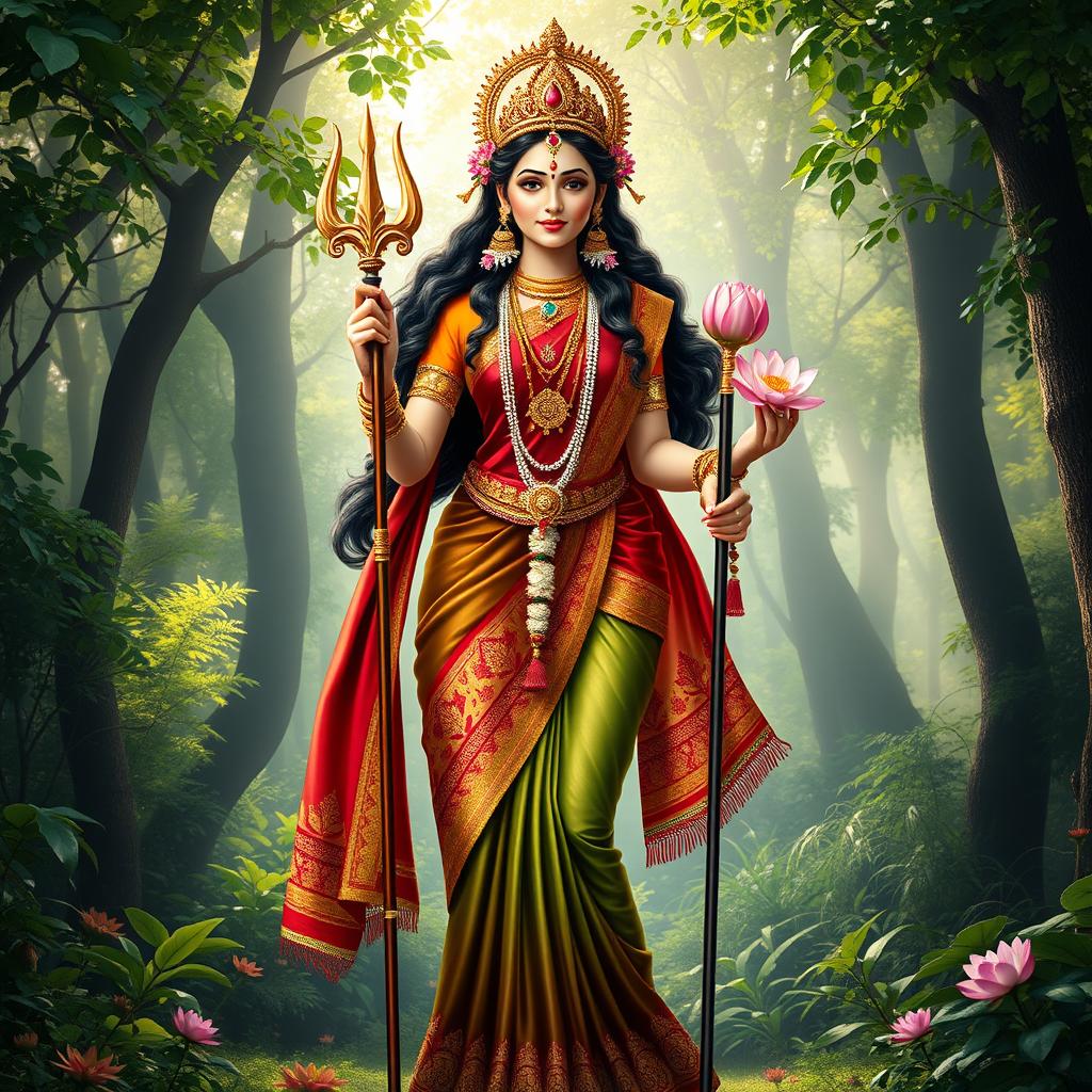 A full-body depiction of Mata Parvati, the Hindu goddess, standing elegantly in a lush, vibrant forest setting