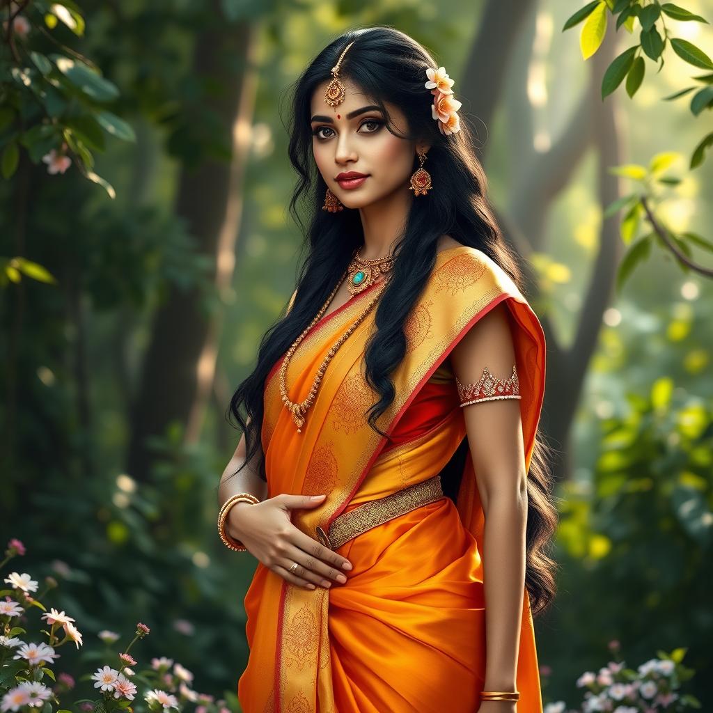 A full-body portrait of Sita, the iconic character from Hindu mythology, dressed in traditional Indian attire