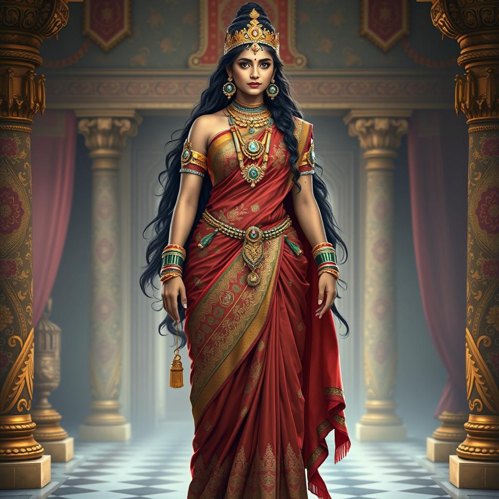 A full-body portrait of Draupadi, the central female character from the Indian epic Mahabharata
