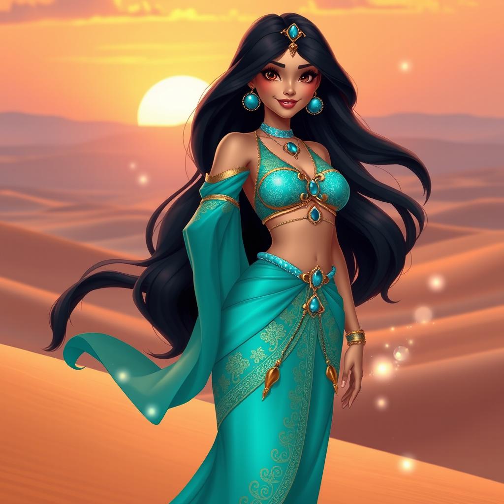 A full-body portrait of a beautiful character inspired by Jasmine from a classic animated movie