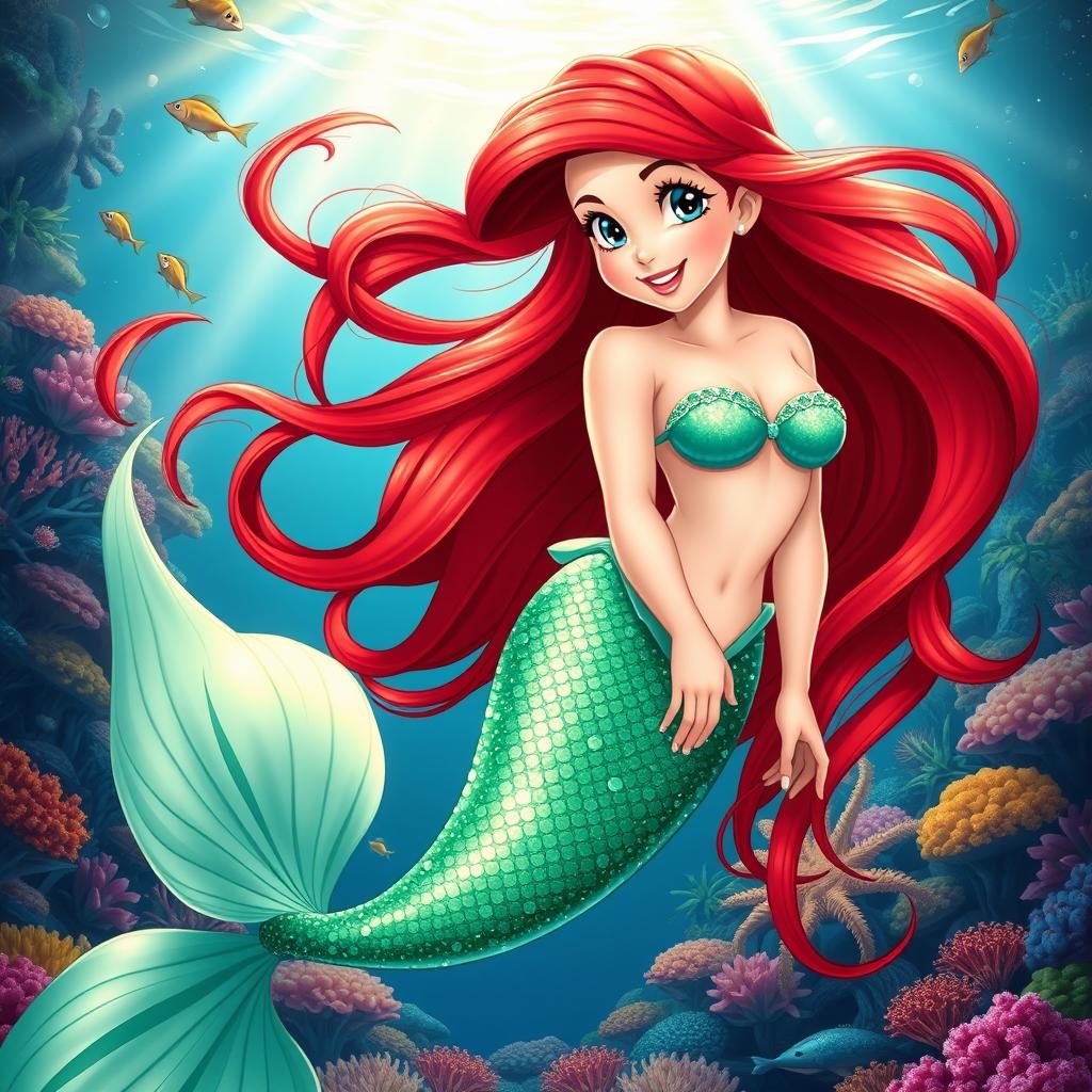 A full body portrait of a beautiful mermaid resembling Ariel from Disney, with long flowing red hair, wearing a sparkling green tail that shimmers in the sunlight
