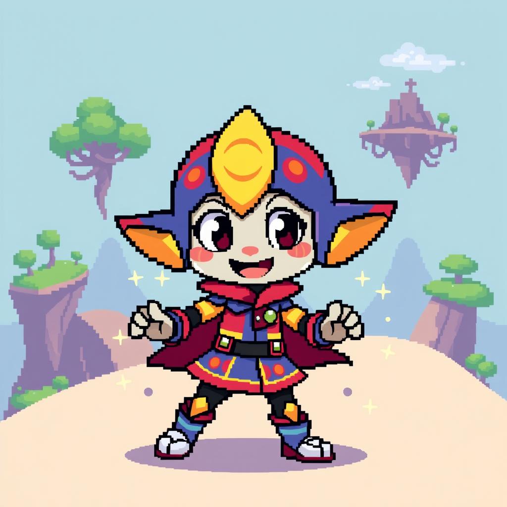 A vibrant pixel art character with a unique design, wearing a colorful outfit that features a mix of bright blues, reds, and yellows