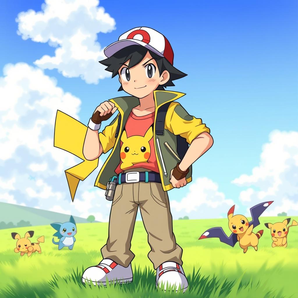 A full-body illustration of Ash Ketchum from the Pokemon series, standing in a dynamic pose