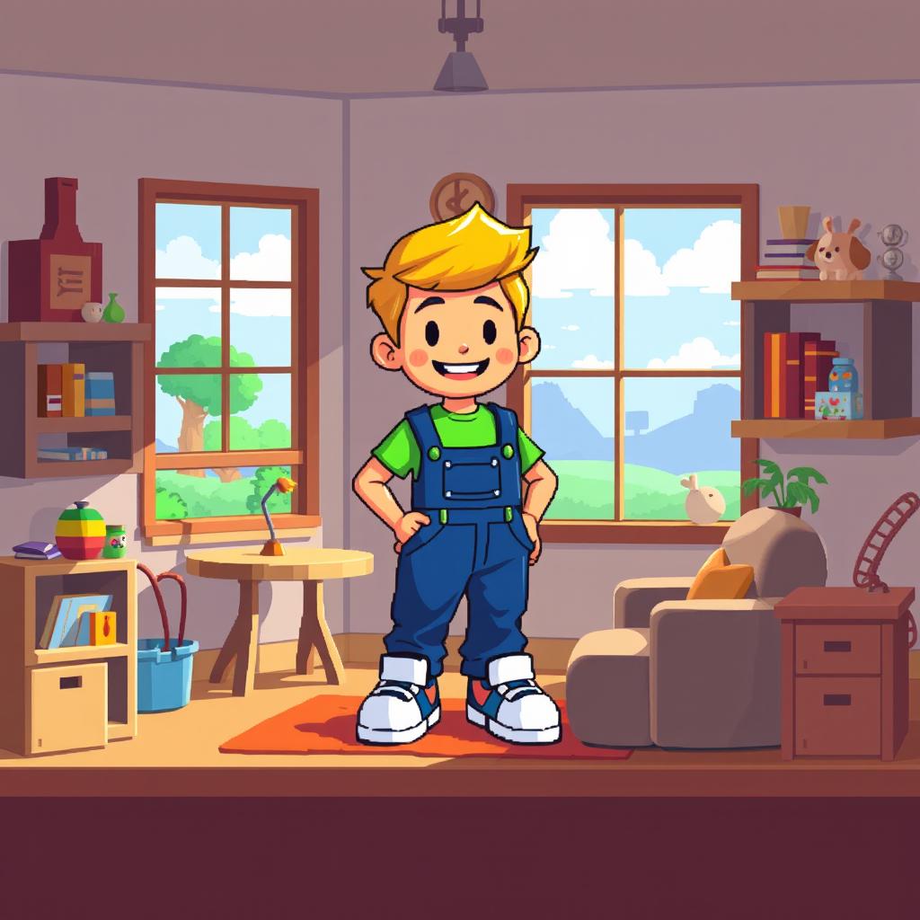 A vibrant pixel art character designed for a 2D platformer game, standing inside a cozy, pixelated room