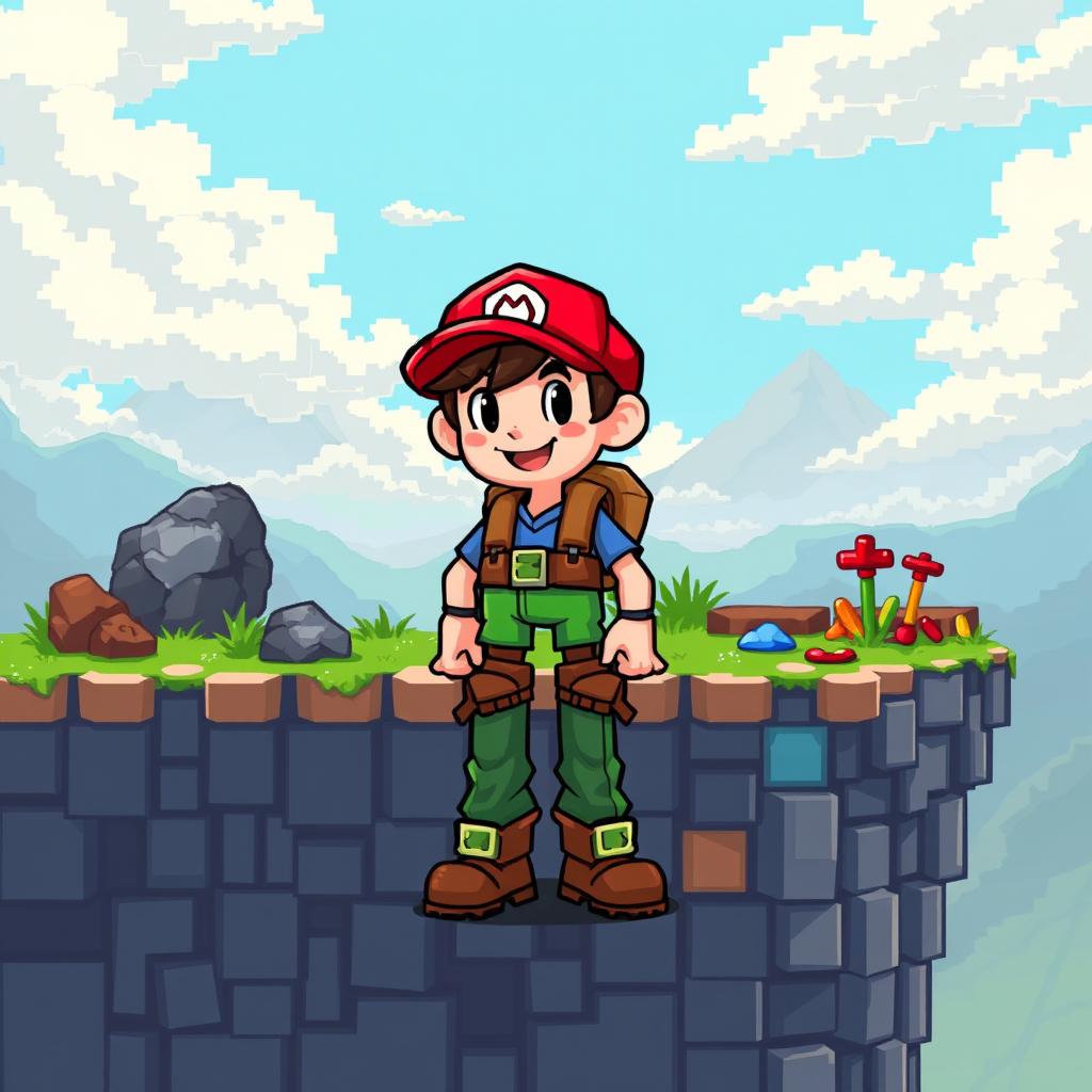 A charming pixel art character designed for a 2D platformer game, standing beside an intricately designed pixelated platform that features distinctive colors and shapes