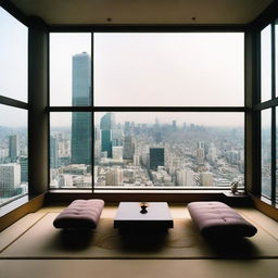 A luxuriously furnished 1984 Japanese penthouse with panoramic views of the city skyline seen through broad glass windows