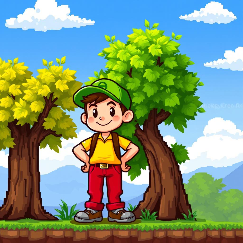 A charming pixel art character designed for a 2D platformer game, standing beside a vibrant pixelated tree