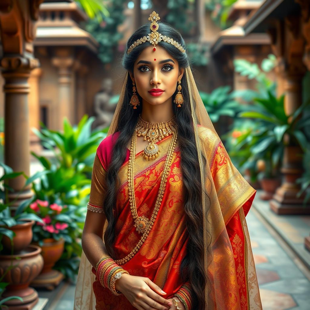A full body portrait of Rajkumari Sayongita, a stunning Indian princess with intricate traditional attire