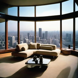 A luxuriously furnished 1984 Japanese penthouse with panoramic views of the city skyline seen through broad glass windows