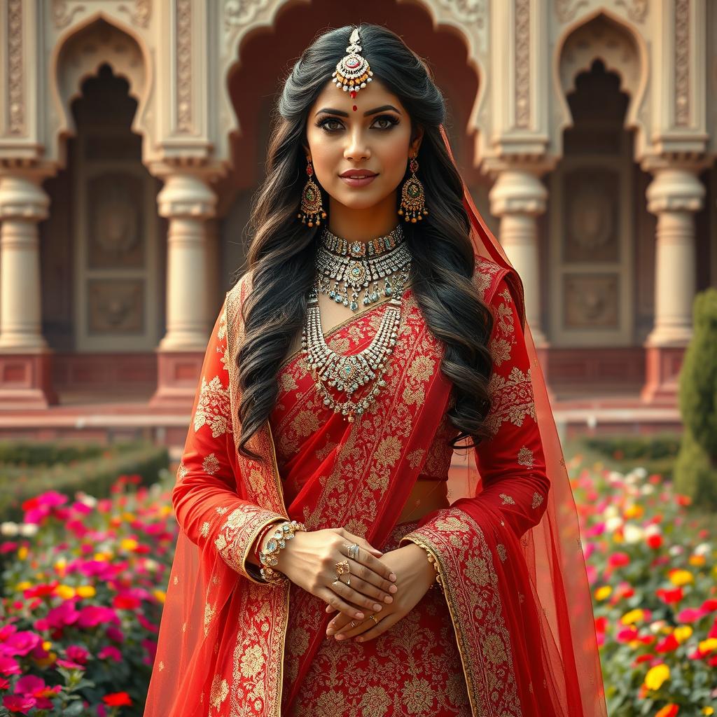 A full body image of Jodha Bai, the iconic Mughal queen, elegantly dressed in a stunning ensemble of traditional Indian attire