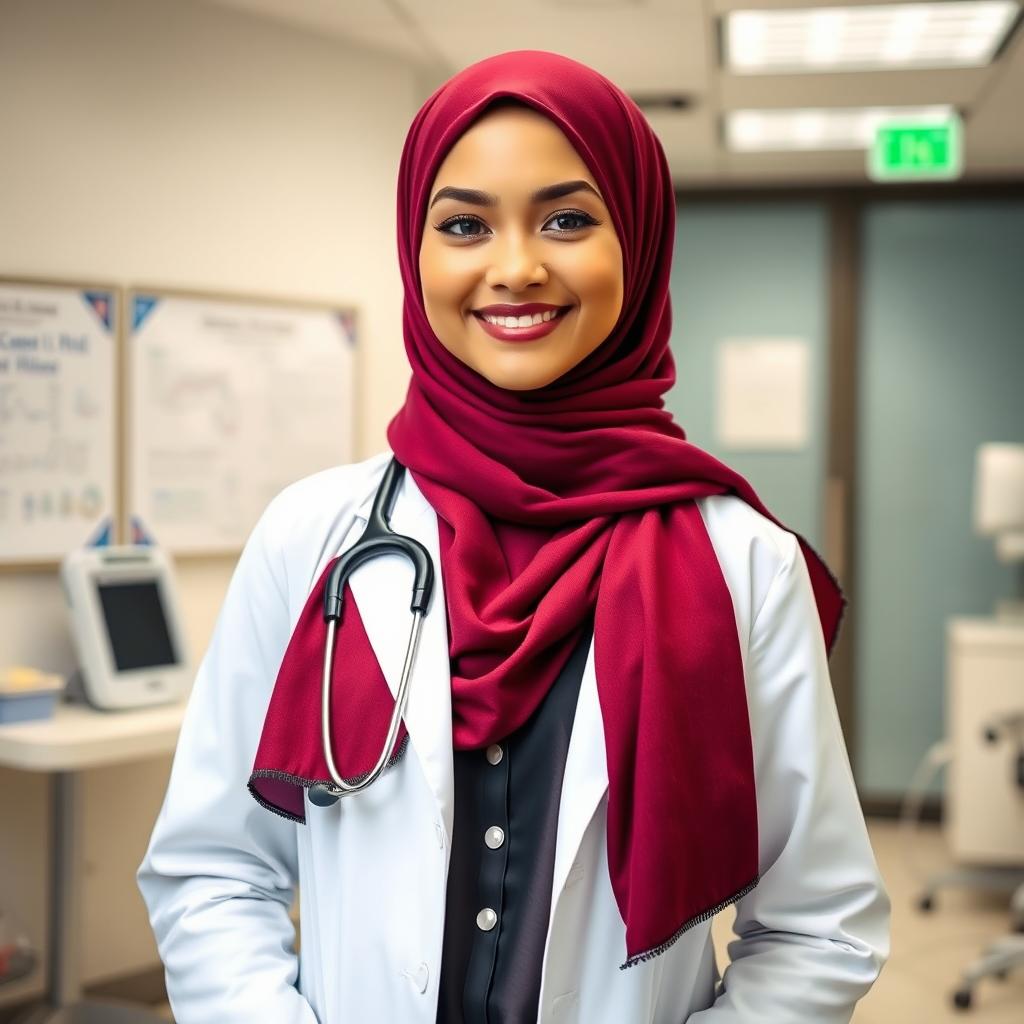 A beautiful female doctor wearing a hijab, standing confidently in a modern medical office