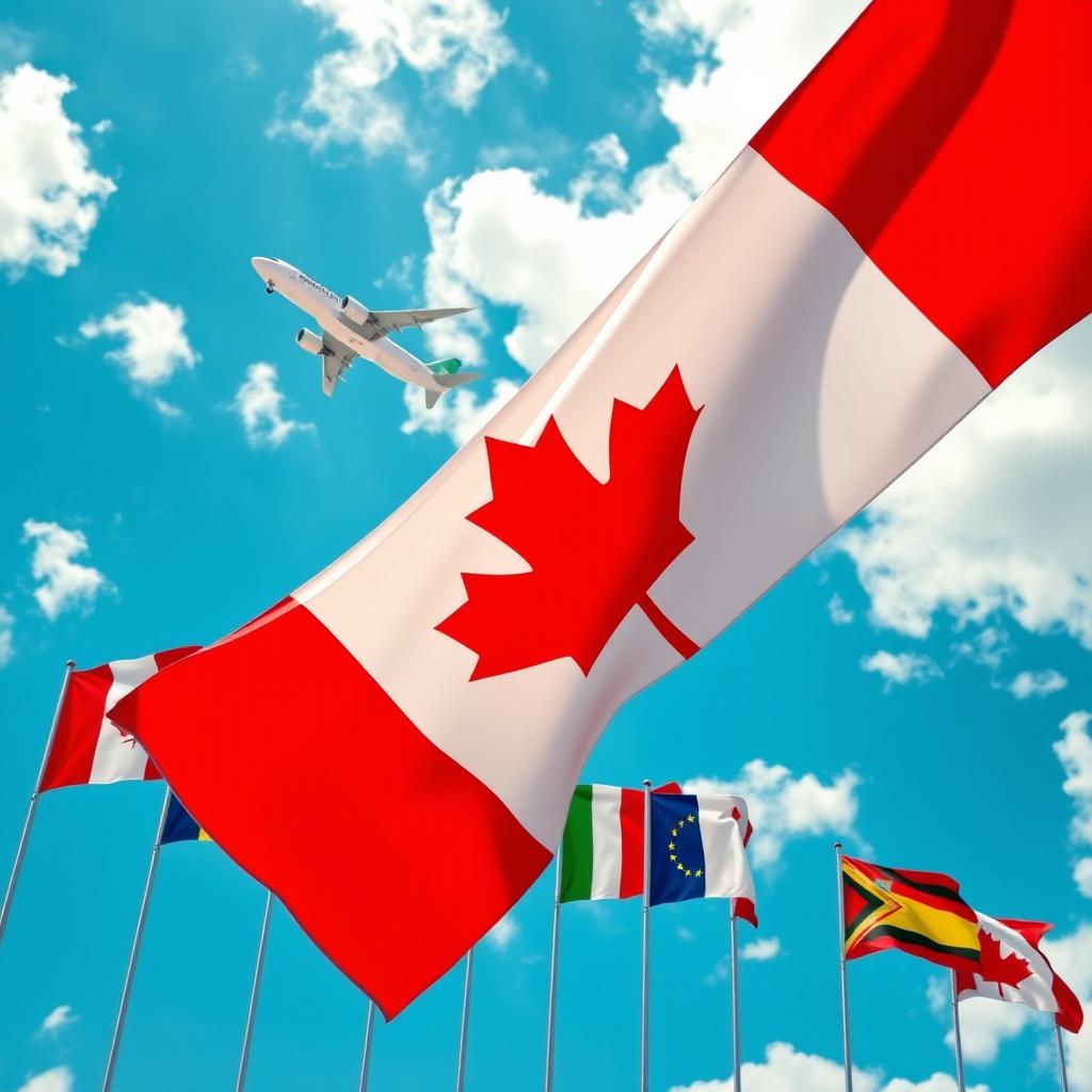 A striking and vibrant image featuring the Canadian flag prominently waving in the foreground, surrounded by the flags of Schengen Area countries displayed in a dynamic arrangement