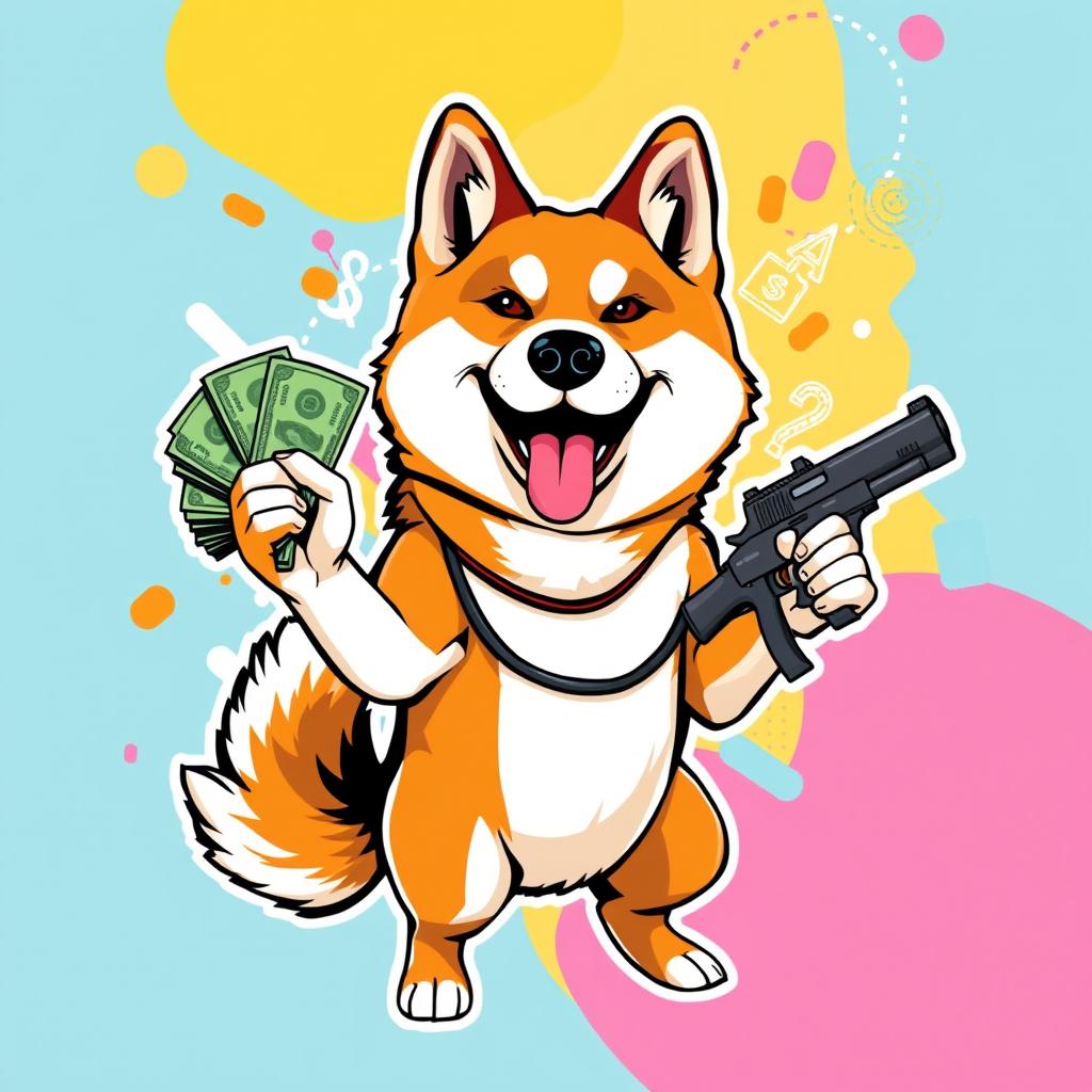 A stylized vector illustration of an Akita Inu dog holding a stack of money in one paw and a toy gun in the other, with a playful and humorous expression on its face