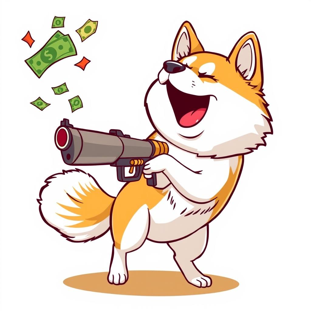 A playful Akita Inu dog, joyfully using a money gun, shooting colorful cash bills into the air