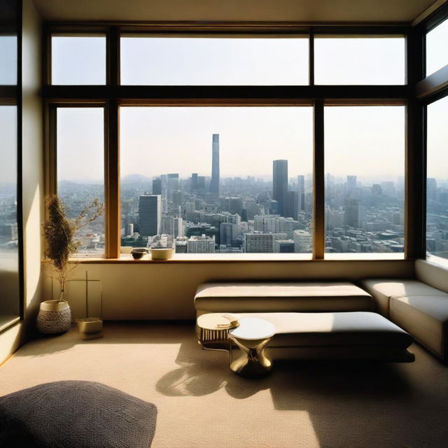 A luxuriously furnished 1984 Japanese penthouse with panoramic views of the city skyline seen through broad glass windows