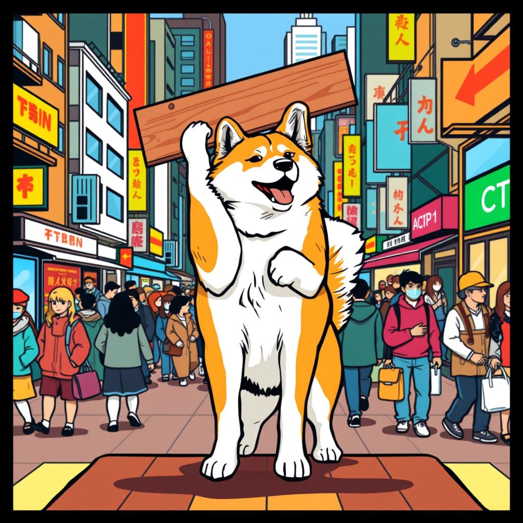 A stylized vector illustration of an Akita Inu dog lifting a wooden board in a bustling urban environment