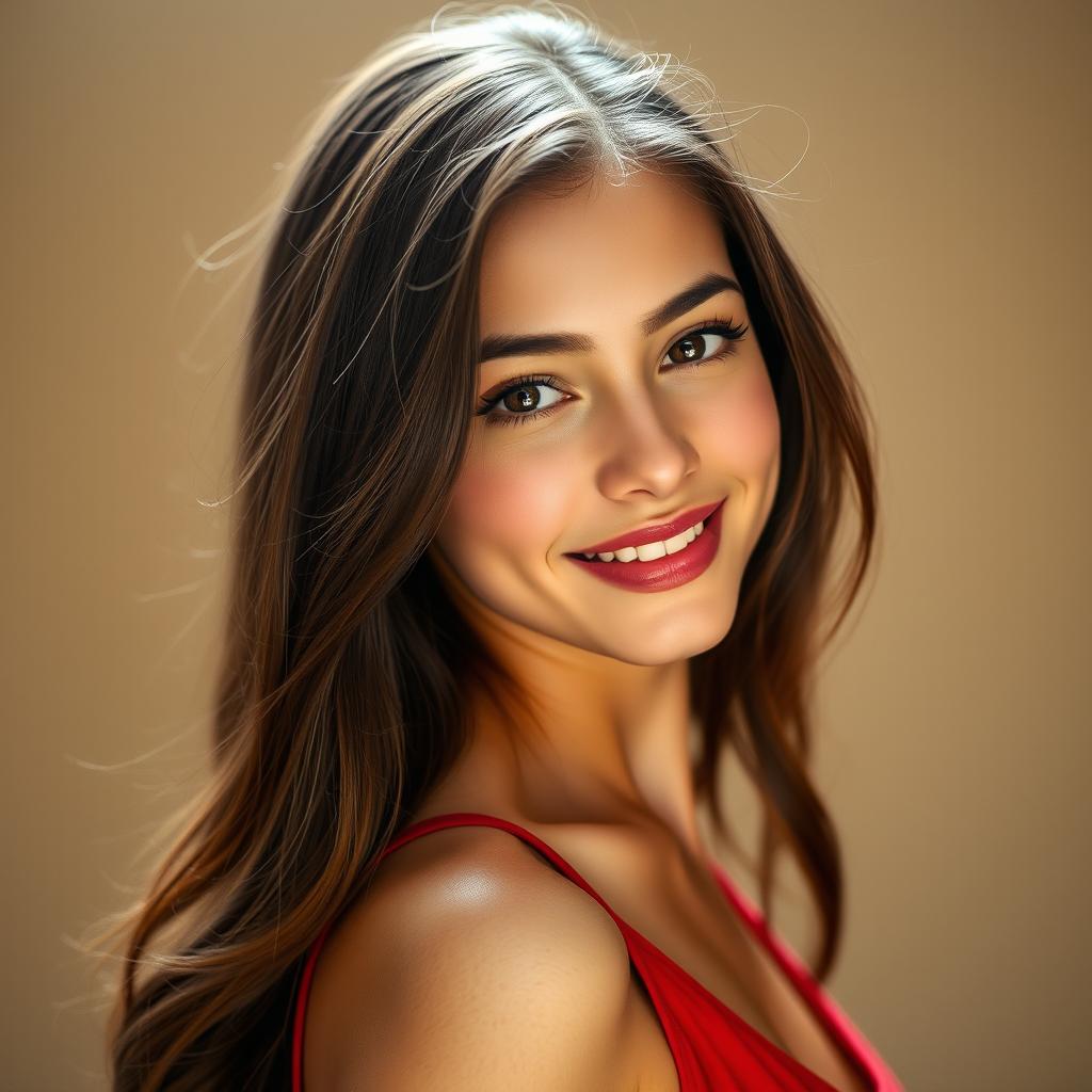 A stunning portrait of a young woman with striking features and long flowing hair, wearing a beautiful red dress