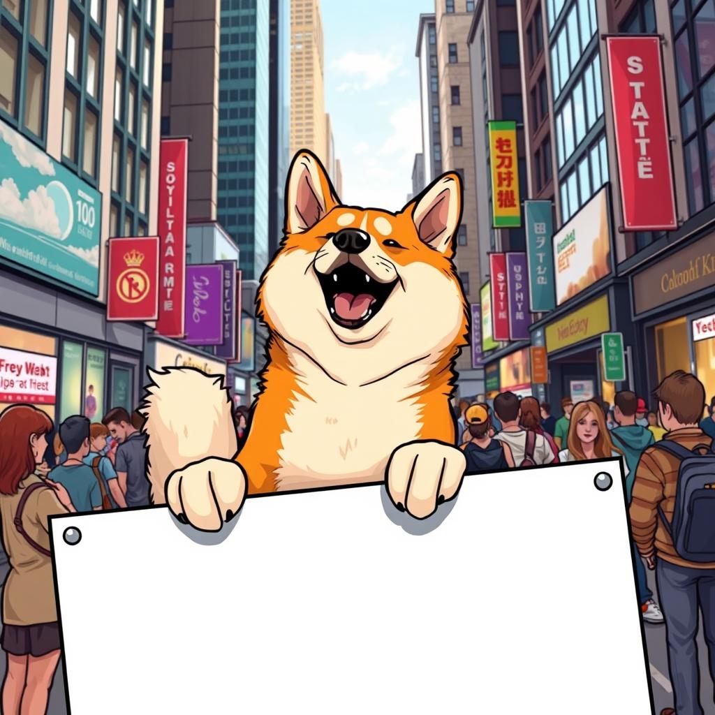 A playful Akita Inu dog lifting a whiteboard in a bustling city environment, with tall buildings and a diverse crowd of people around