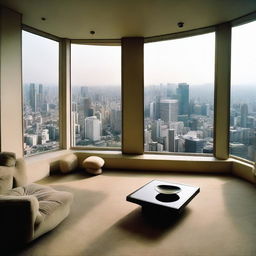 A luxuriously furnished 1984 Japanese penthouse with panoramic views of the city skyline seen through broad glass windows