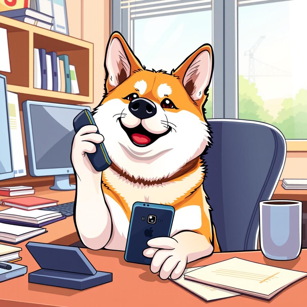 A playful Akita Inu dog sitting at an office desk, holding a smartphone with its paw and appearing to make a phone call
