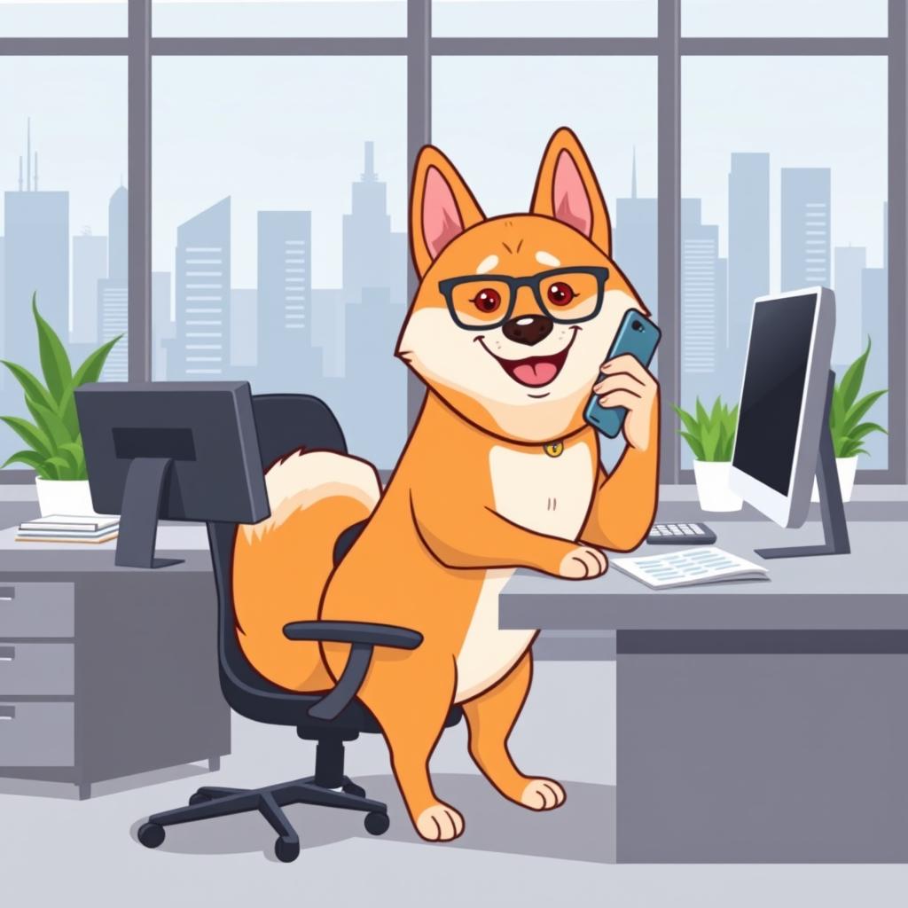 A cartoon-style illustration of an Akita Inu dog making a phone call in a modern office setting