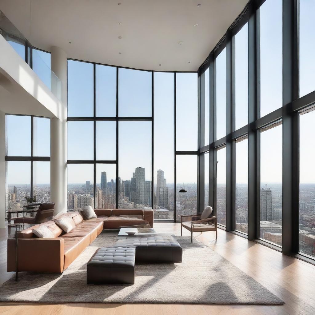 A luxurious penthouse with modern decor, high above an urban cityscape, visible through wide floor-to-ceiling windows