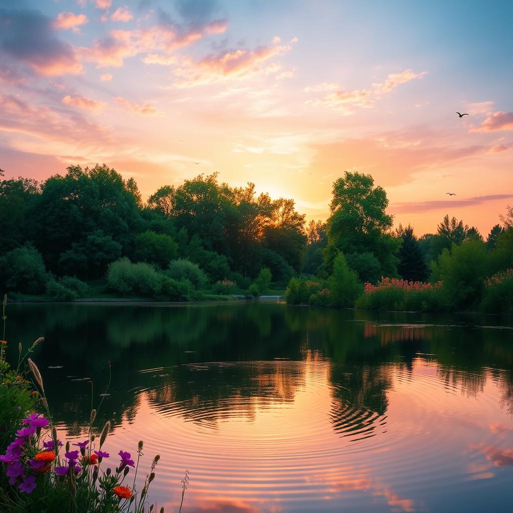 A beautifully serene landscape featuring a tranquil lake surrounded by lush green trees and vibrant wildflowers in bloom