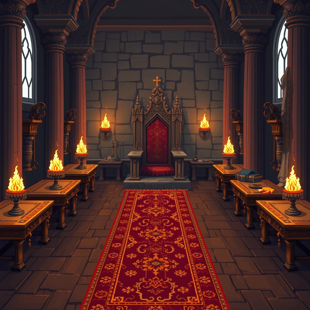 An isometric pixel art depiction of a medieval throne room featuring a grand, ornate throne at the center