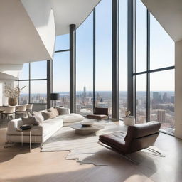 A luxurious penthouse with modern decor, high above an urban cityscape, visible through wide floor-to-ceiling windows