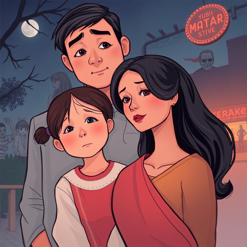 A heartfelt family novel illustration focusing on a young girl named Syarla, who is grieving the loss of her mother