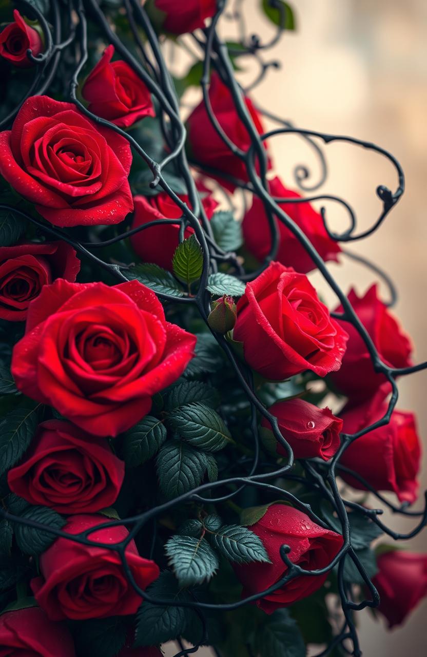 A beautiful arrangement of vibrant red roses entwined with dark, twisting vines, creating a stunning contrast