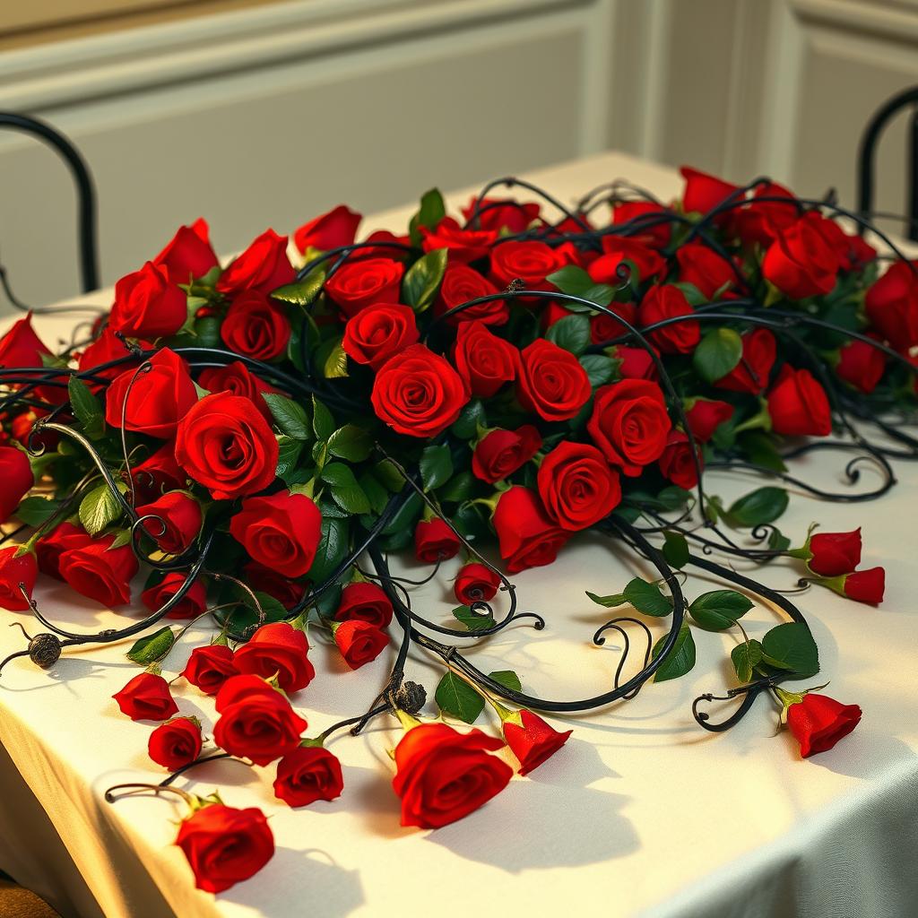 A beautifully set table adorned with an abundance of vibrant red roses scattered elegantly across the surface, intertwined with dark, twisting vines that create a striking contrast