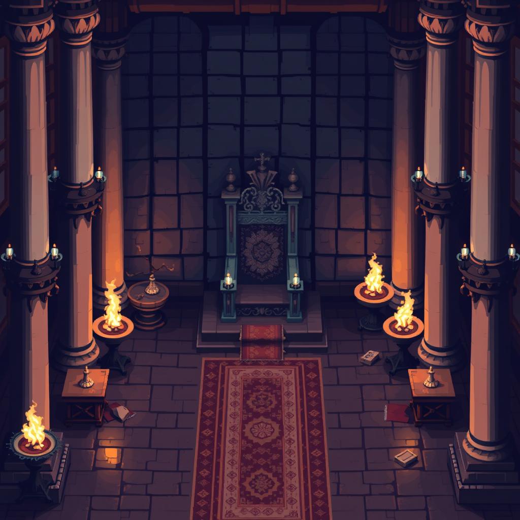An isometric pixel art scene inspired by the camera angles from the DIABLO game series, depicting a medieval throne room
