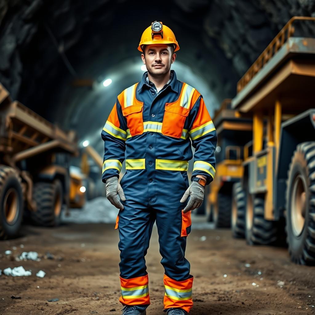 A miner, a man dressed in a dark blue or orange work uniform, featuring yellow or silver reflective strips on the sleeves and chest