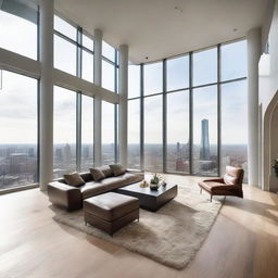 A luxurious penthouse with modern decor, high above an urban cityscape, visible through wide floor-to-ceiling windows