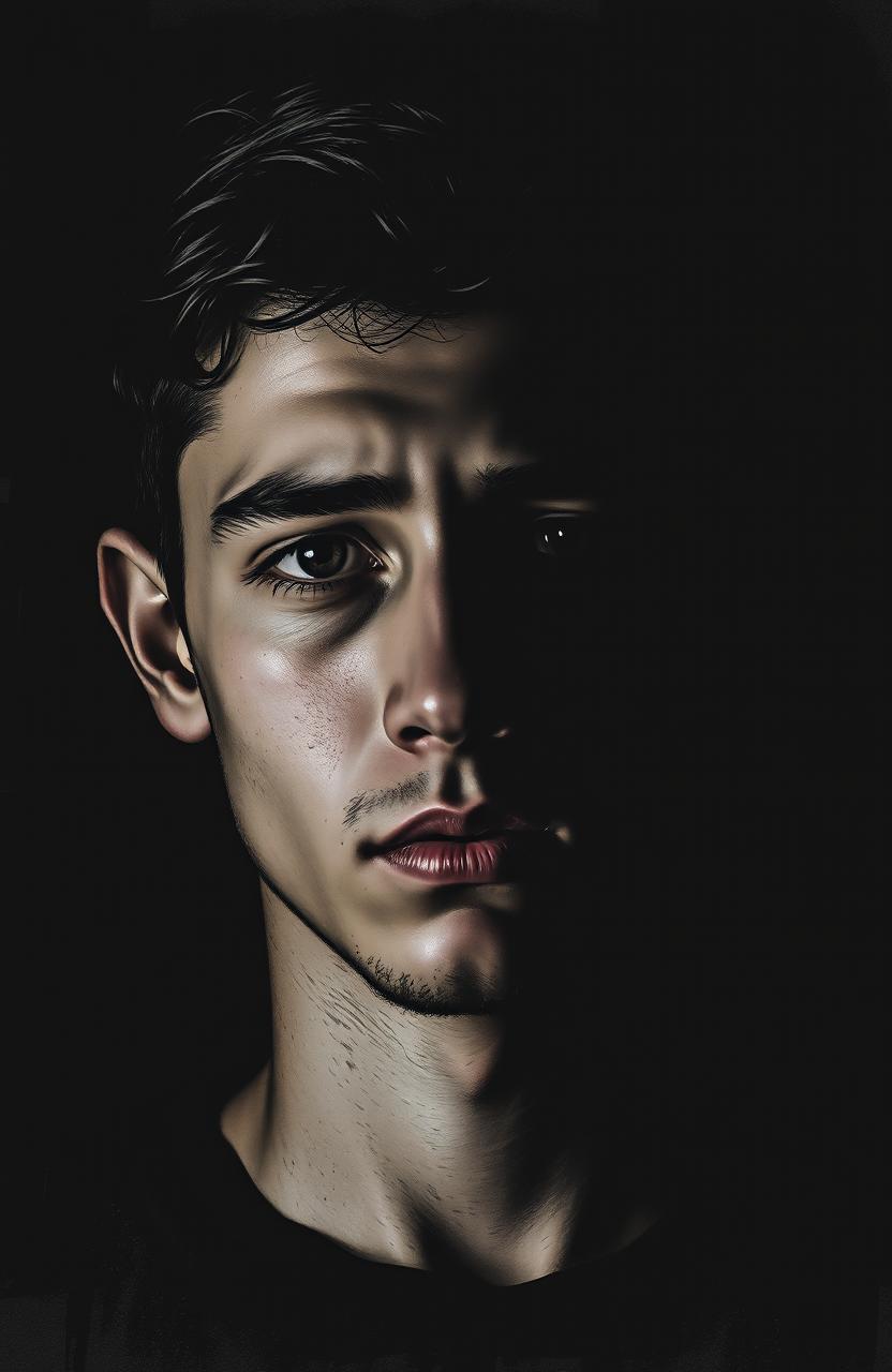 A portrait of a young man with a half-visible face conveying a sense of sadness, set against a black background
