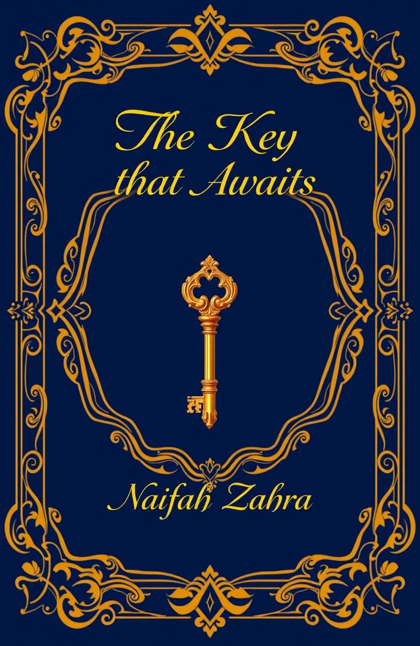 A deep blue background with ornate golden borders, featuring a prominent golden key at the center