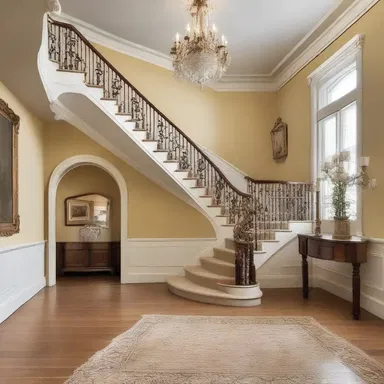 The grand staircase seamlessly connects all the way from the entrance hall to the upper floors.
